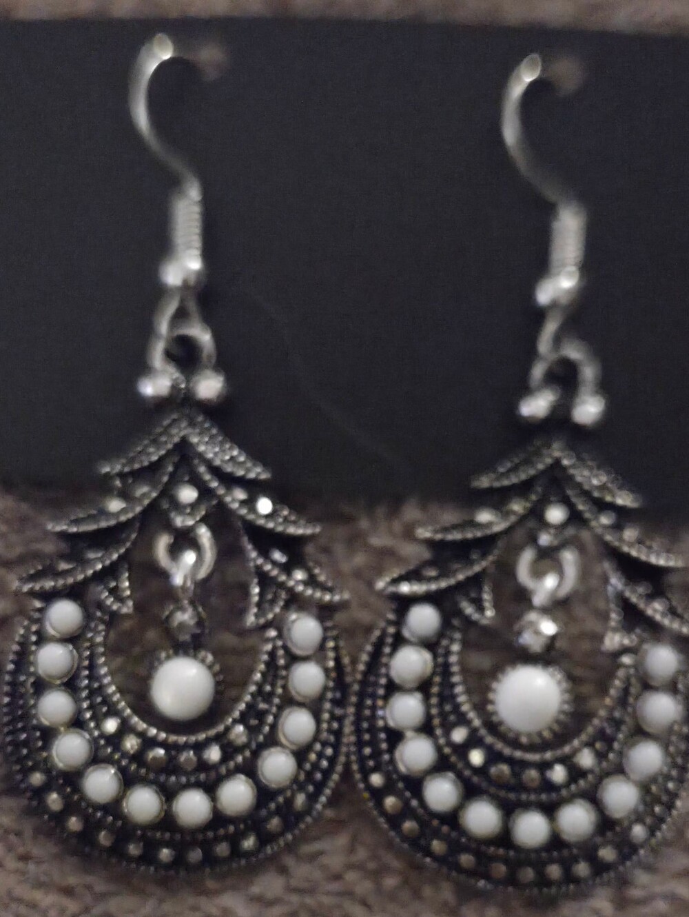 Delicate White and Silver Filigree Drop Earrings
